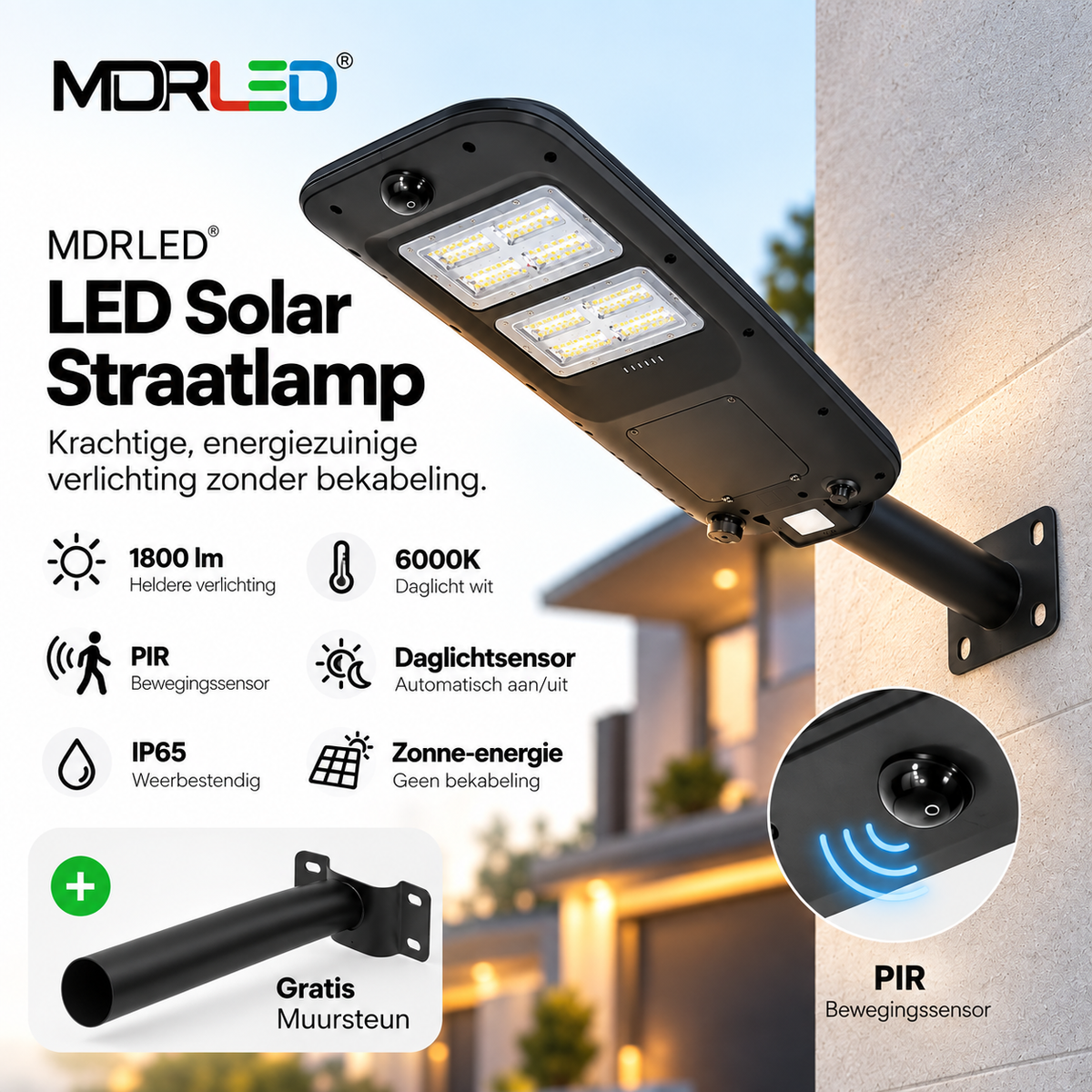 MDRLED® LED Solar Straatlamp 1800lm | 6000K | PIR + Daglichtsensor | IP65 | Gratis Muursteun