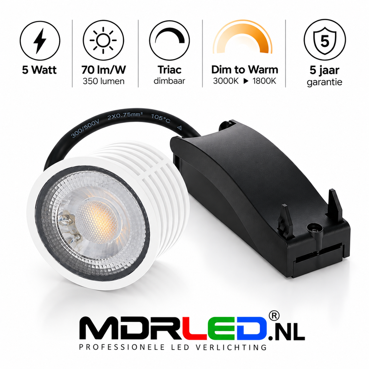 MDRLED® LED Inbouwspot 5W | Dim to Warm | Kantelbaar | Zwart/Wit/Zilver