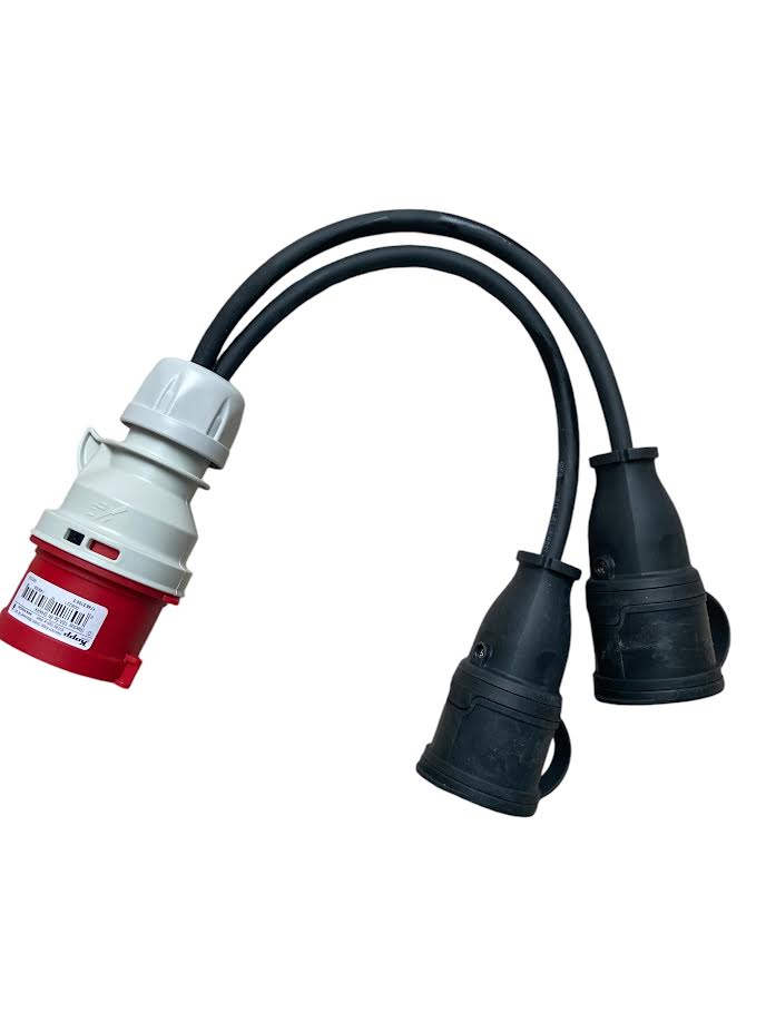 Adapterstecker von CEE 16A 5-polig auf 2x Gummi-Gegenstecker 230V 2-polig mit Erde MDRLED®
