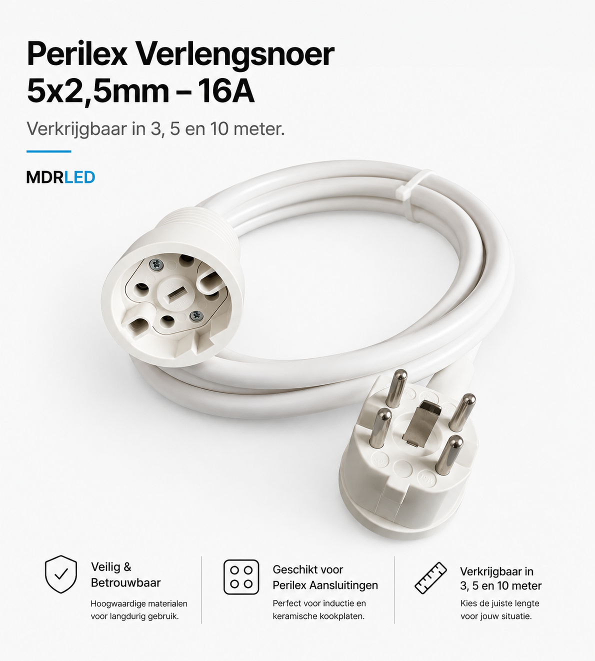Perilex Koppelsnoer 16A Hittebestendig, 3 tot 10 meter, Extra Dikke Kabel, 5x2.5mm Wit