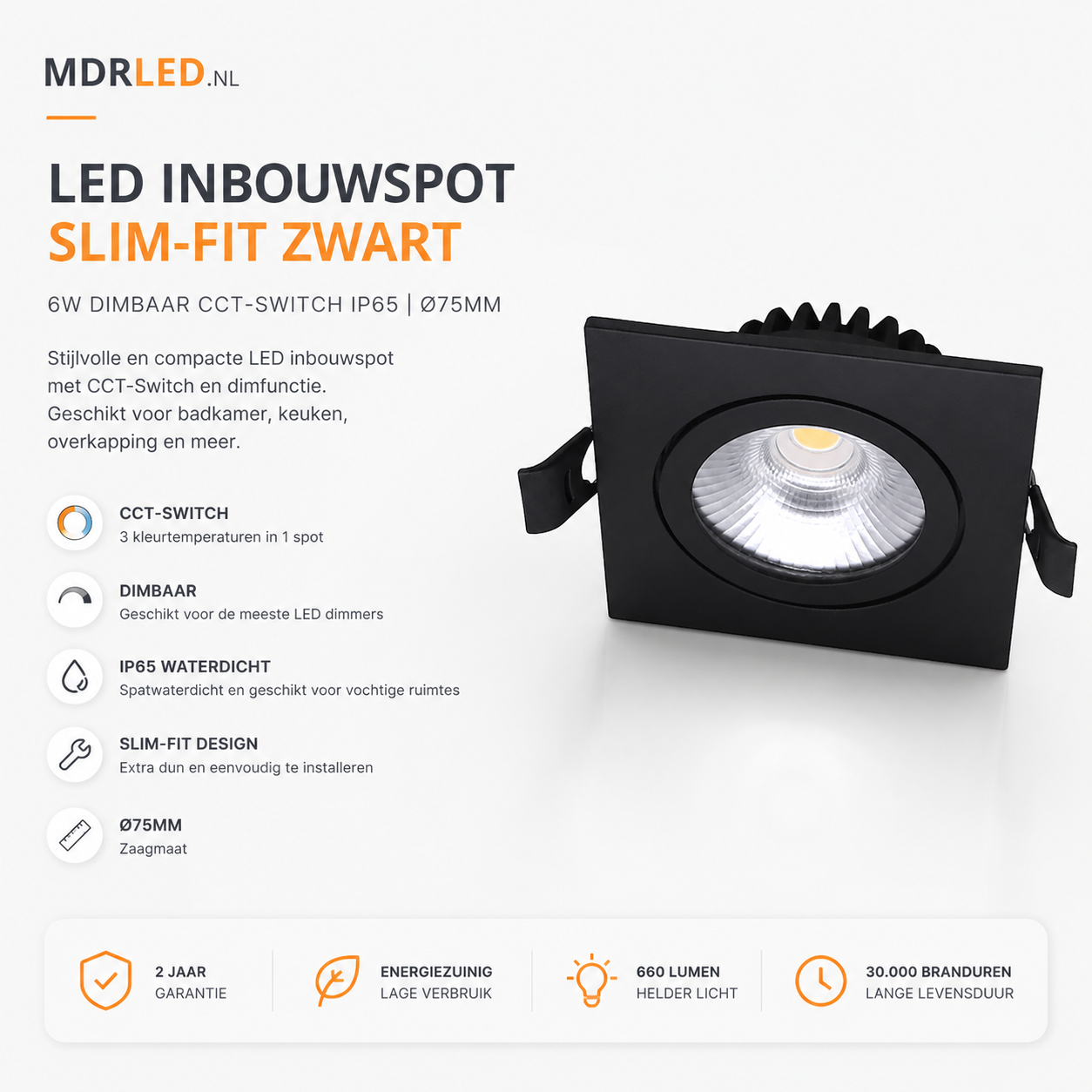 LED Inbouwspot Slim-Fit Zwart 6W Dimbaar CCT-Switch IP65 | Ø75mm