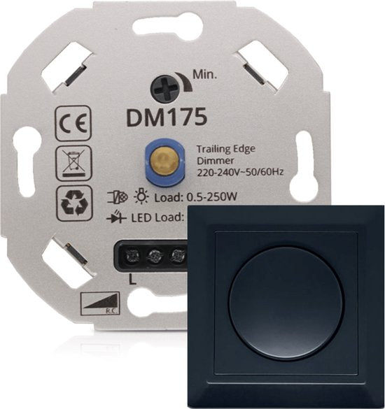 Universele LED Dimmer 0,5-200W – Inbouw Zwarte Afdekplaat – Fase Afsnijding – ACTIE