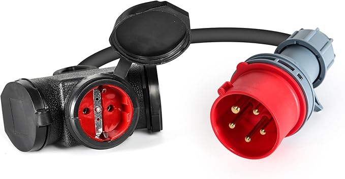 Stroomadapter CEE 16A 400V naar 3x 230V Stopcontact – Krachtstroom Splitter met Rubberen Kabel (3×2,5mm²)