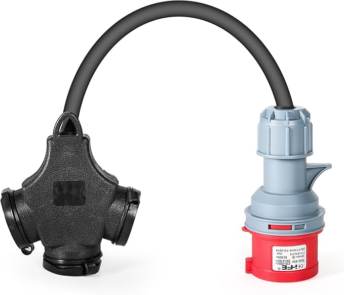 Stroomadapter CEE 16A 400V naar 3x 230V Stopcontact – Krachtstroom Splitter met Rubberen Kabel (3×2,5mm²)