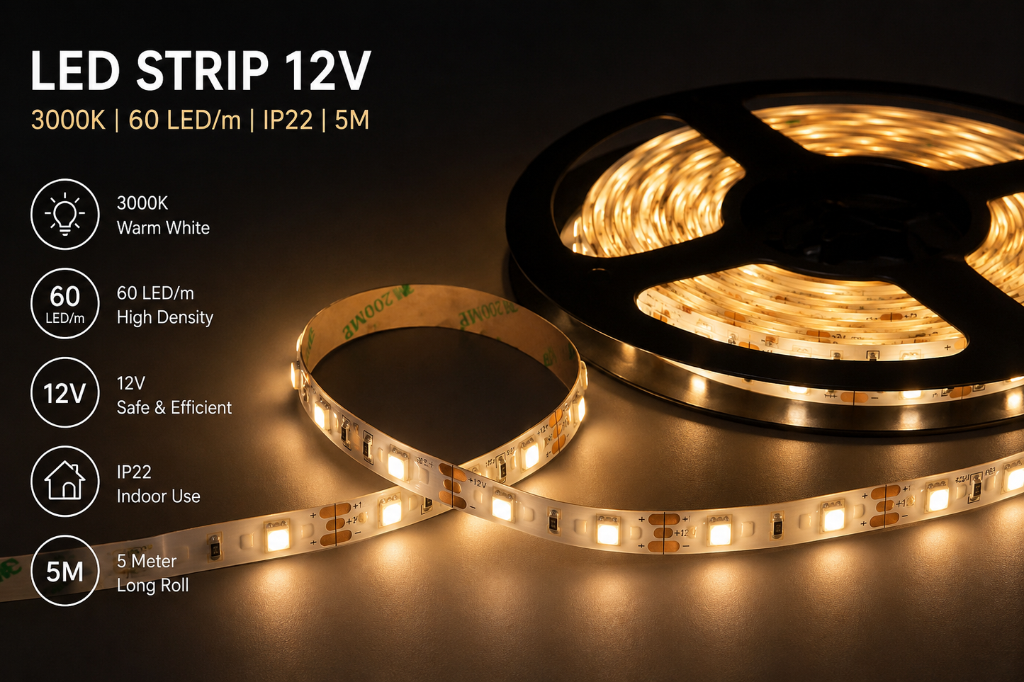 LED Strip 12V | 3000K | 60 LED/m | IP22 | 5M | MDRLED Premium