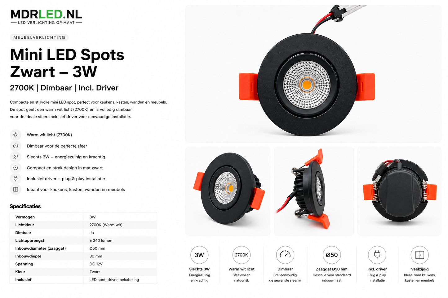 Mini LED Spots Zwart – Type Mini Black,2700K,3 Watt, incl driver DIMBAAR MDR LED®