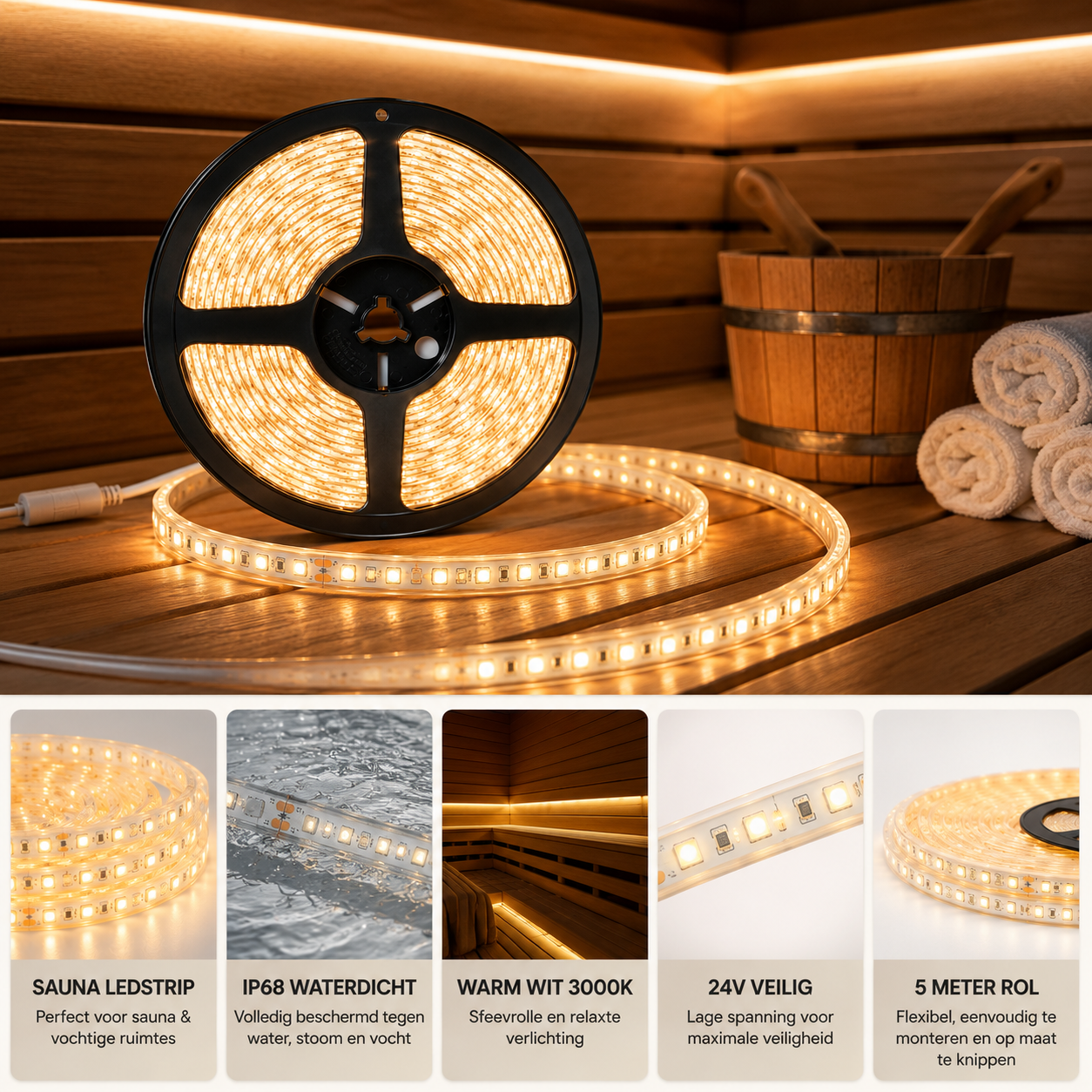 Sauna LED Strip IP68 | 24V | 5M | 3000K | 10W/m | Opruiming | MDRLED Premium