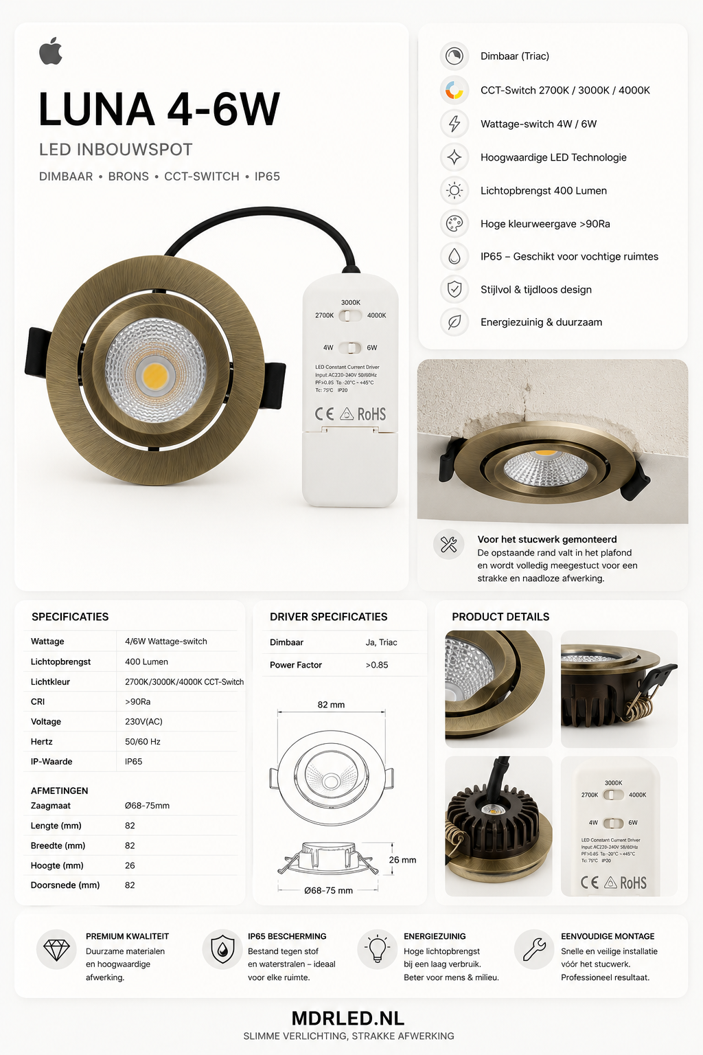 MDRLED® LED Inbouwspot LUNA 4-6W CCT IP65 Brons