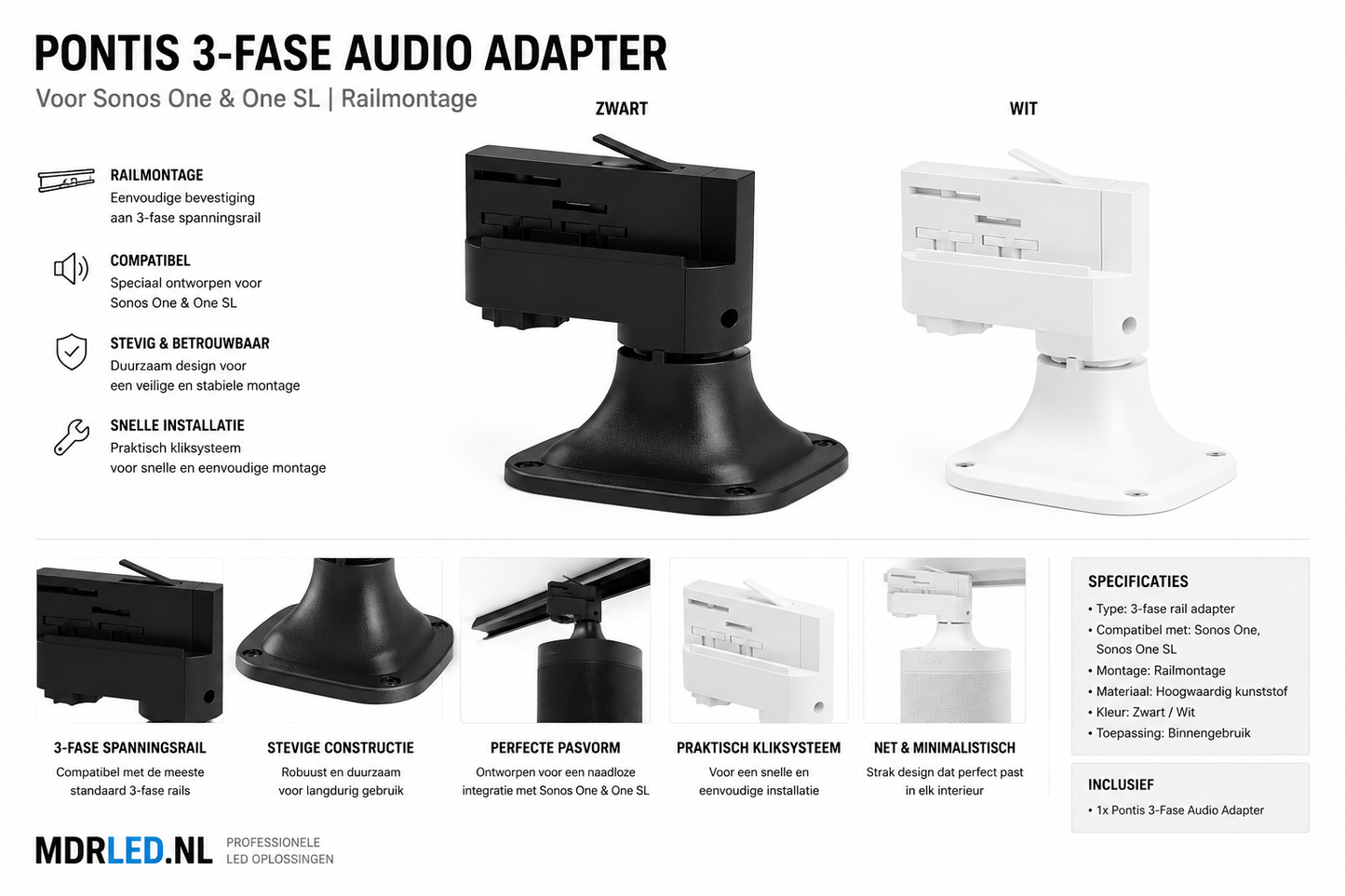 Pontis 3-Phase Audio Adapter Zwart | Voor Sonos One & One SL | Railmontage