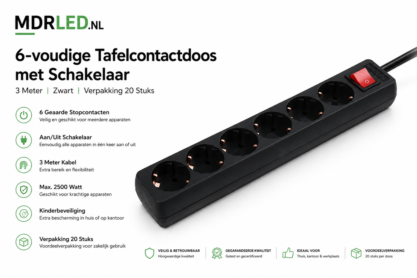 6-voudige Tafelcontactdoos met Schakelaar | 3 Meter | Zwart | Verpakking 20 Stuks Stunt prijs