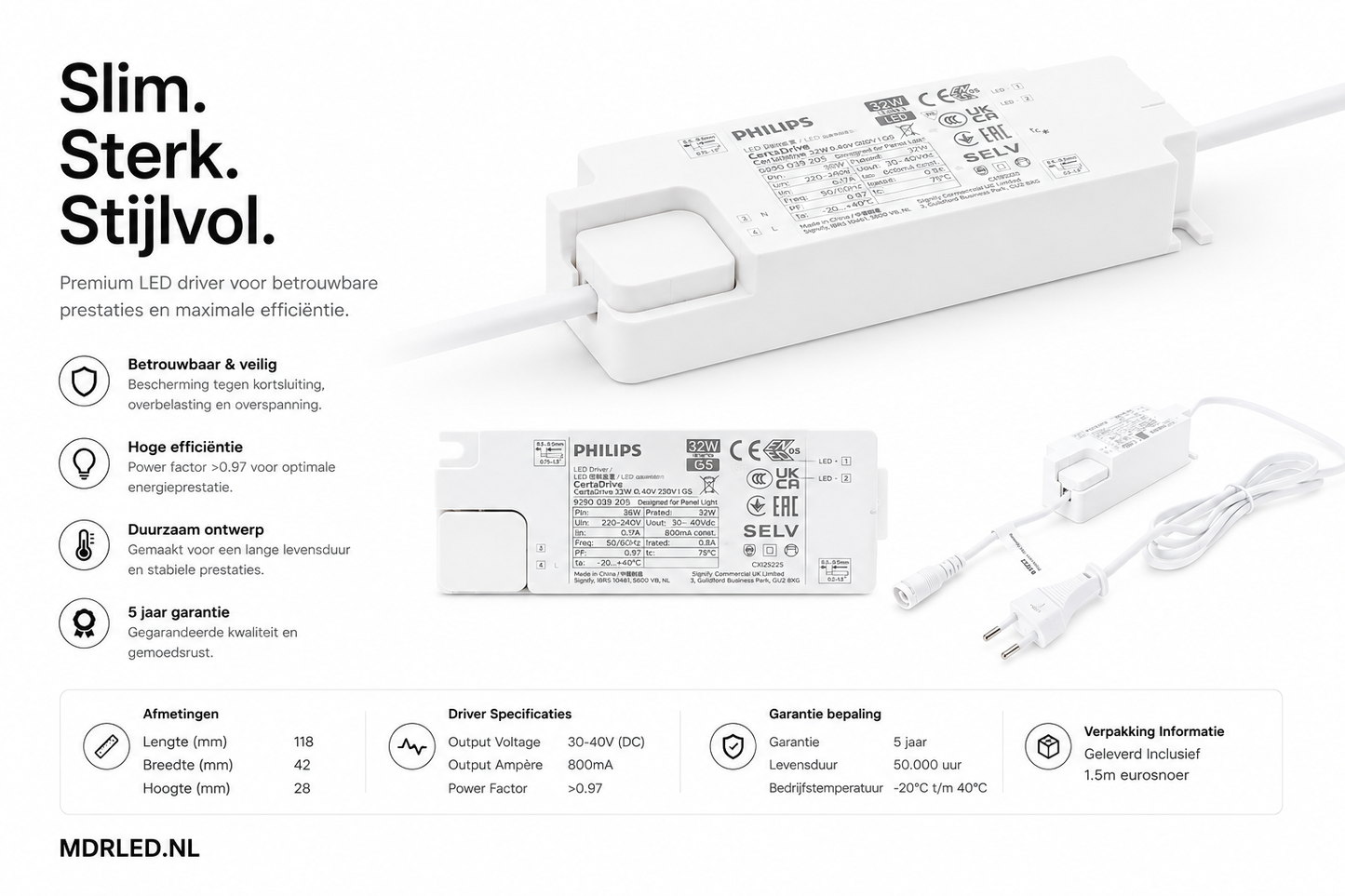 Philips Certa LED Driver 30W 800mA | 30-40V DC | Inclusief 1.5M Snoer & Eurostekker | 5 Jaar Garantie