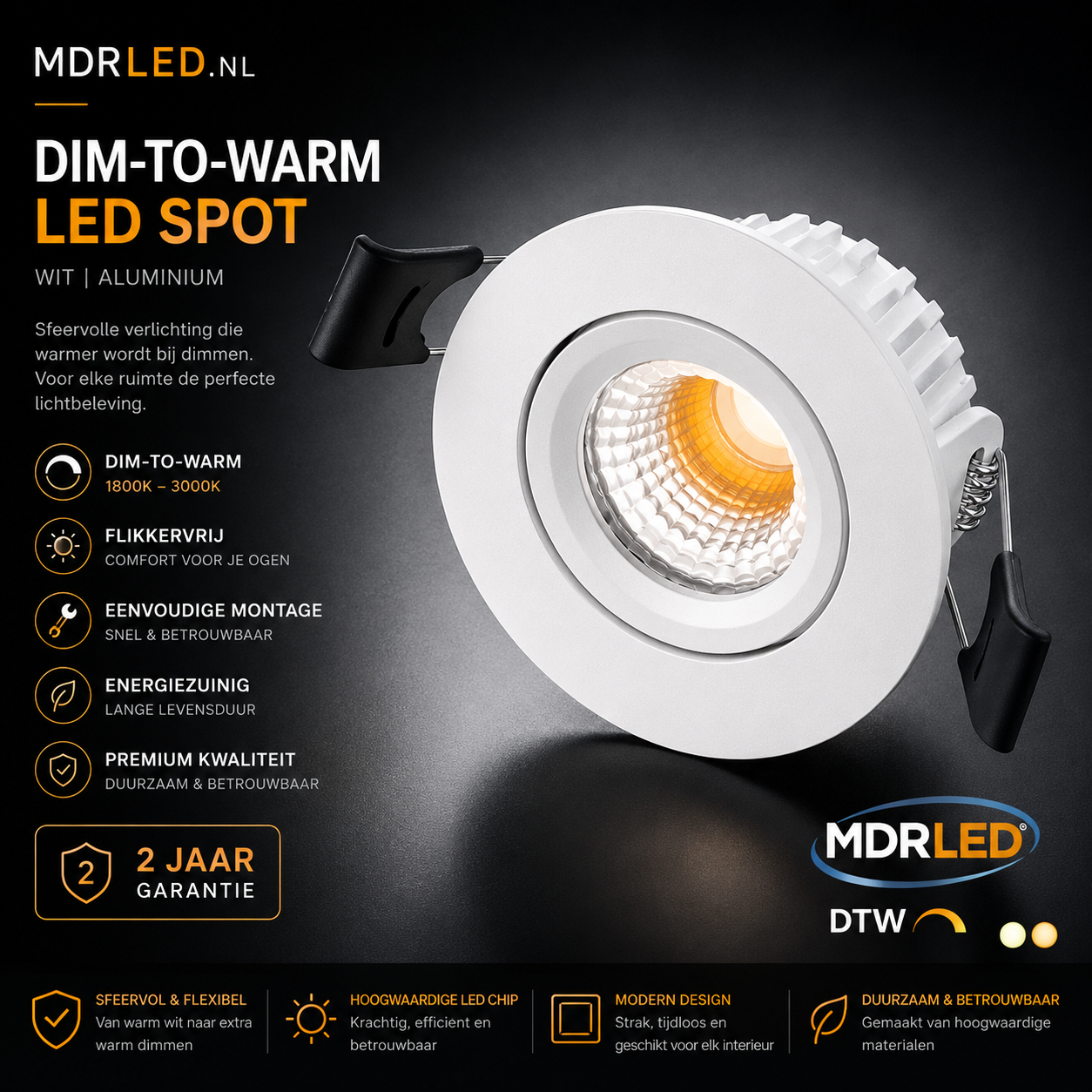 Inbouwspot 5W Dim to Warm Wit IP54 MDRLED