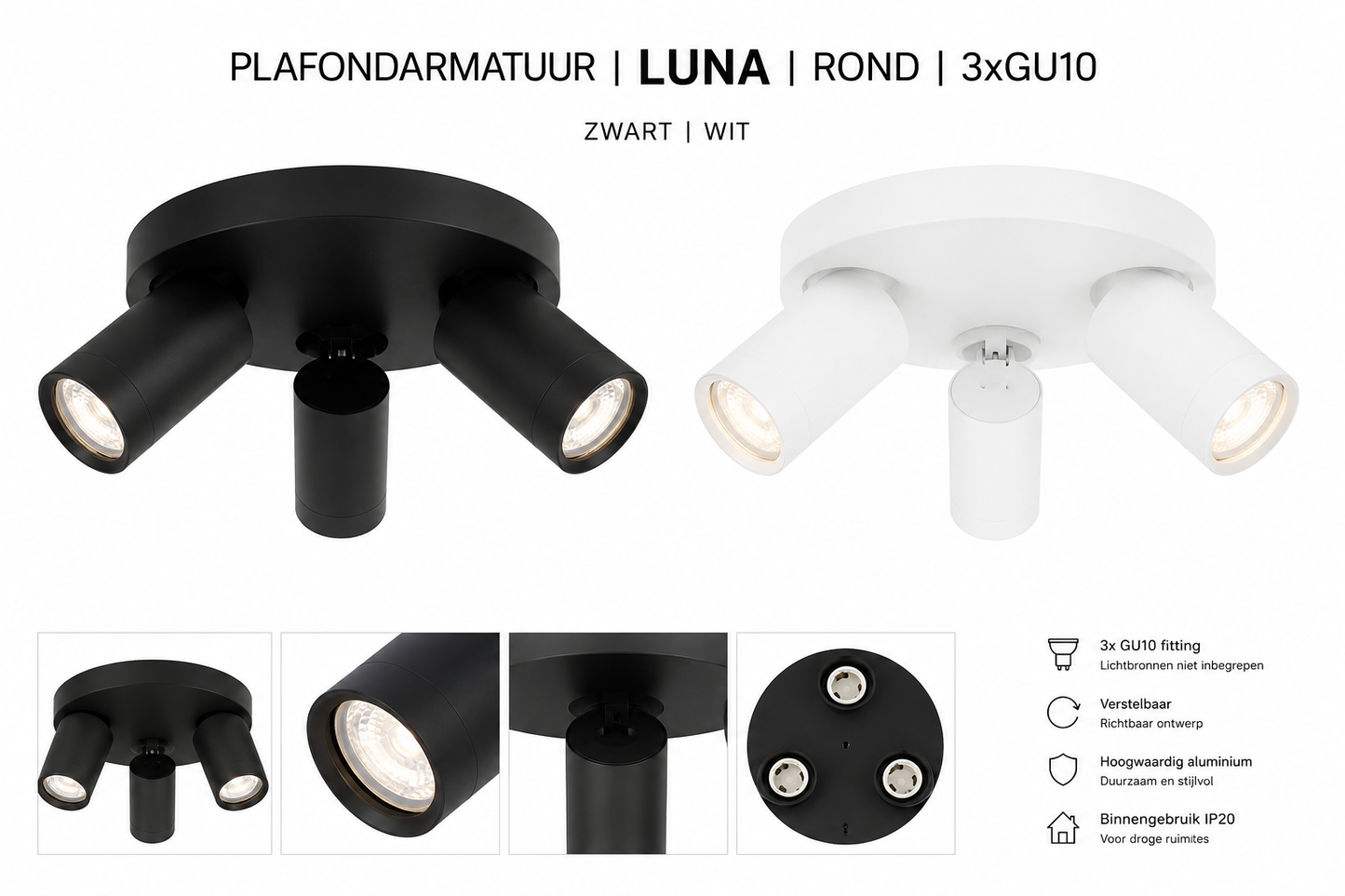 Plafondarmatuur Luna | Rond | 3x GU10 | Wit