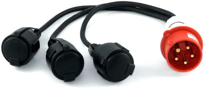 Verloopstekker CEE 16A 5-polig Male naar 3x 230V Rubber Contrastekker Female – 400V naar 230V&nbsp;