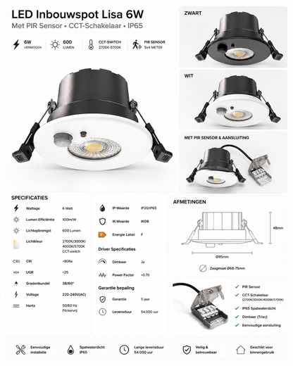 LED Inbouwspot Lisa 6W  Zwart & Wit  Met PIR Sensor  CCT-Schakelaar  IP65  MDRLED®
