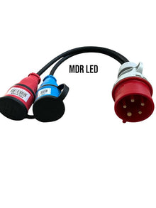 Verloopstekker | CEE 16A 5-polig naar 2x 230V contrastekker met randaarde en klep (rood + blauw) MDRLED®