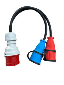 Verloopstekker | CEE 16A 5-polig naar 2x 230V contrastekker met randaarde en klep (rood + blauw) MDRLED®