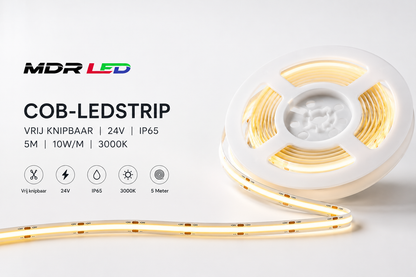 COB LEDstrip 24V | IP65 | 3000K | 5M | 10W/M | Vrij Knipbaar | MDRLED®