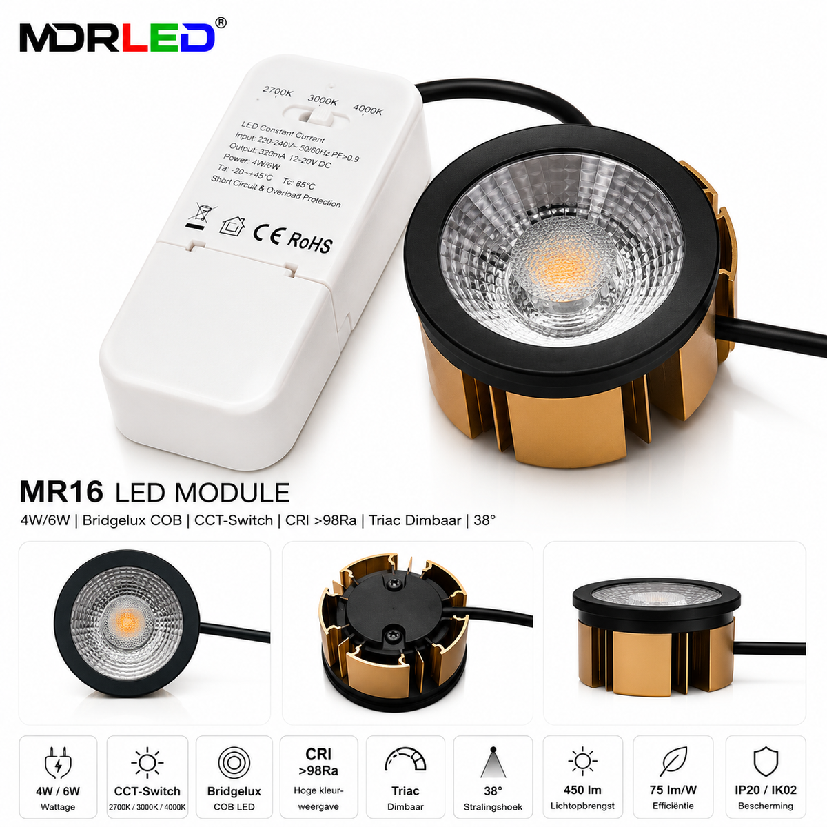 MDRLED® MR16 LED Module 4/6W | CCT | CRI >98 | Dimbaar