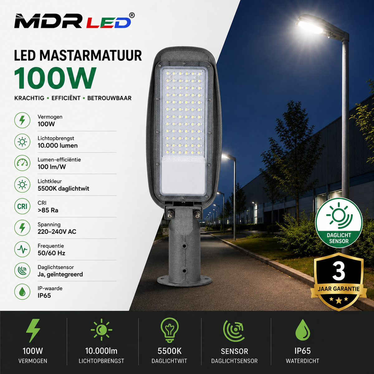 MDRLED® LED Mastarmatuur 100W | 10.000lm | 5500K | Sensor | IP65 Tijdelike Actie