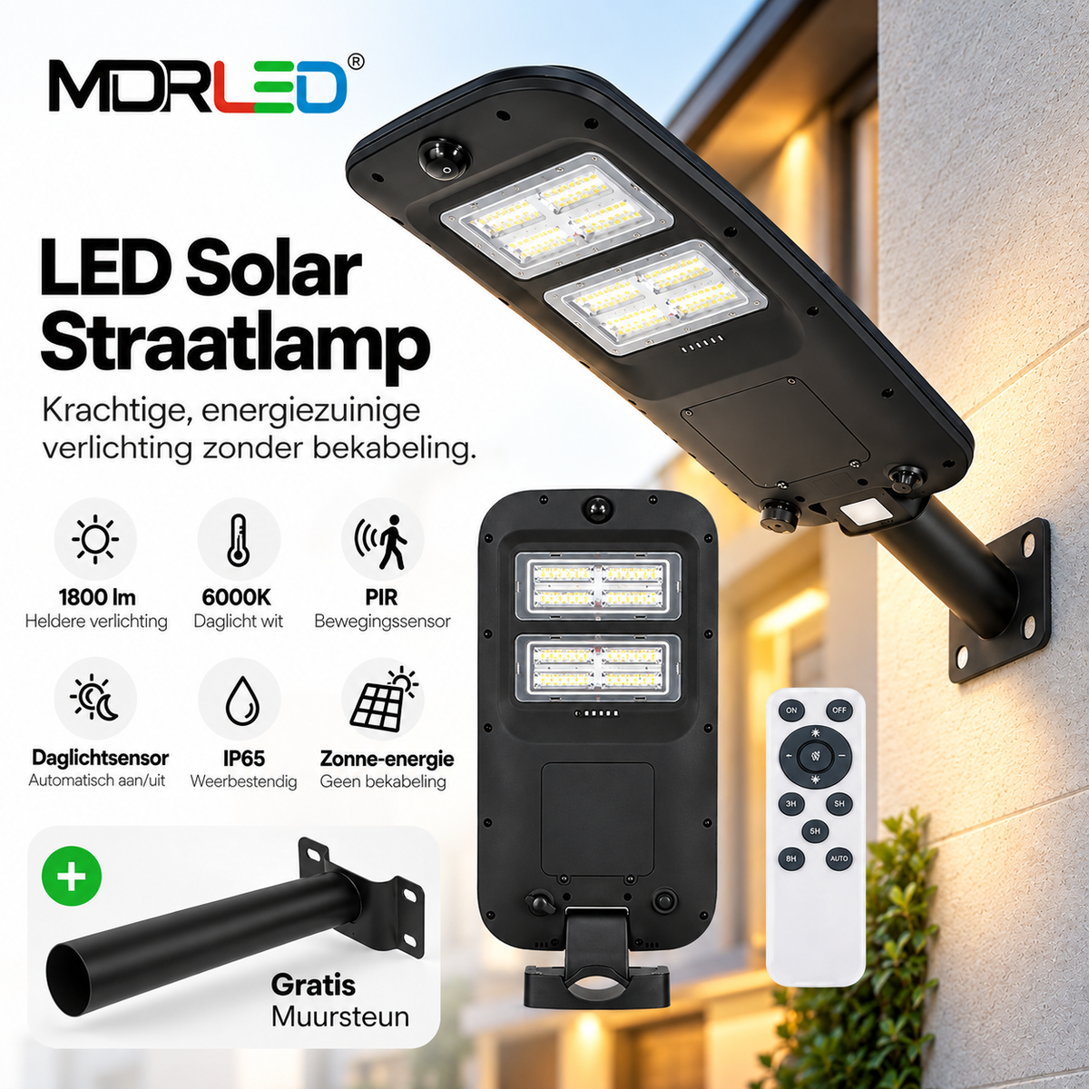 MDRLED® LED Solar Straatlamp 1800lm | 6000K | PIR + Daglichtsensor | IP65 | Gratis Muursteun