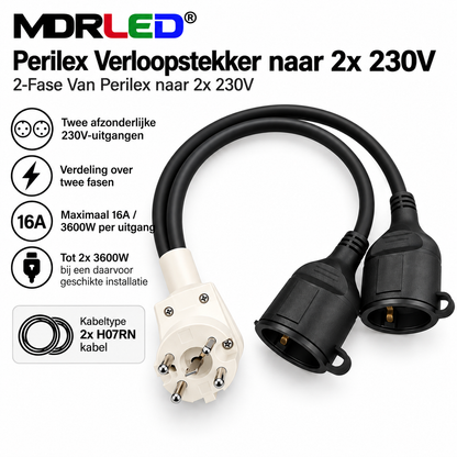MDRLED® Perilex Verloopstekker naar 2x 230V | 2-Fase Actie