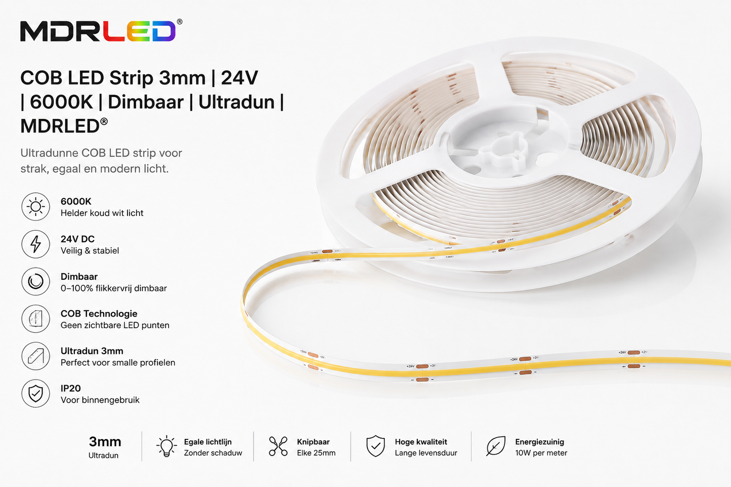 MDRLED® COB LED Strip 3 mm 24V 6000K | 5 Meter | IP20 | CRI >90