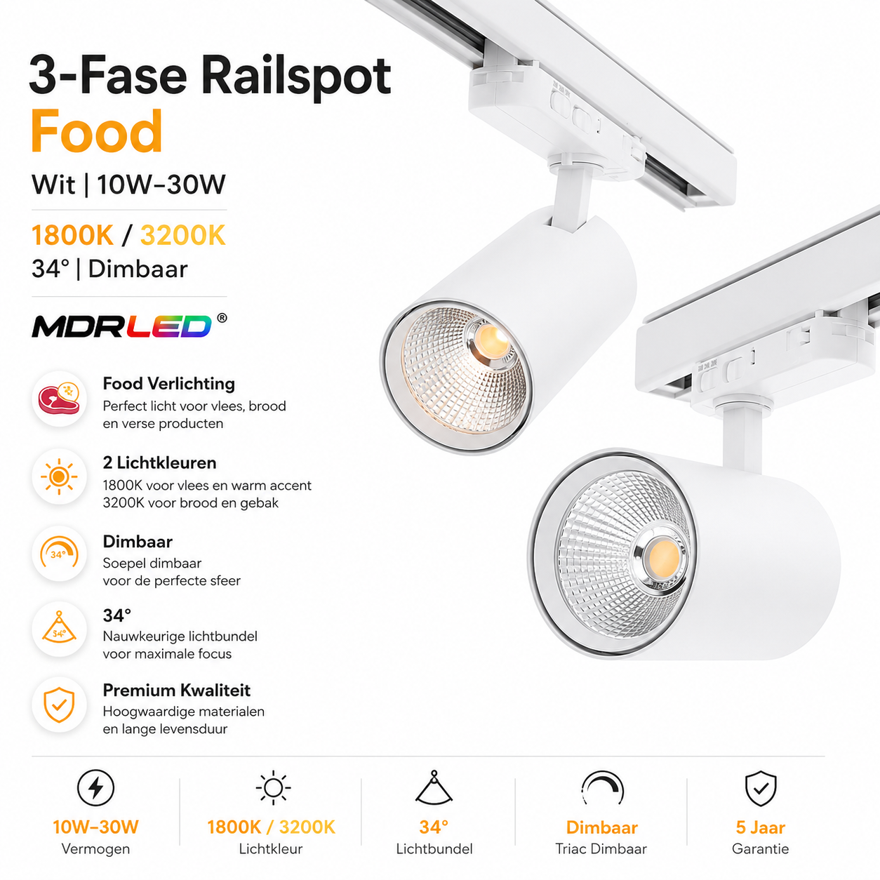 3-Fase Railspot FOOD Wit | 10W/20W/30W | 1800K/3200K | CRI>90 | Dimbaar | MDRLED Professional