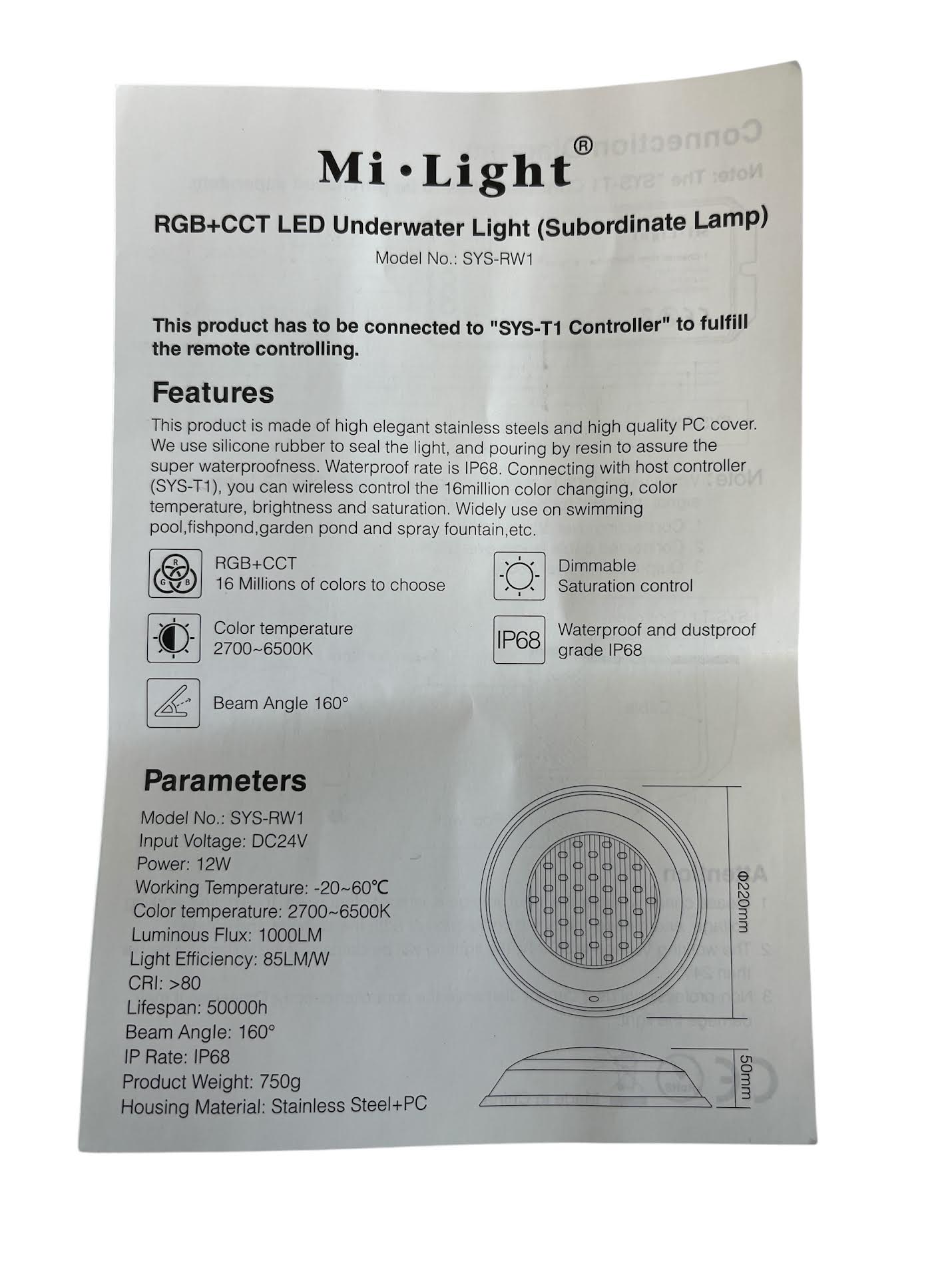 Mi-Light RGB+CCT LED Onderwaterlamp 12W | IP68 RVS | 2700K–6500K | 1000 lm