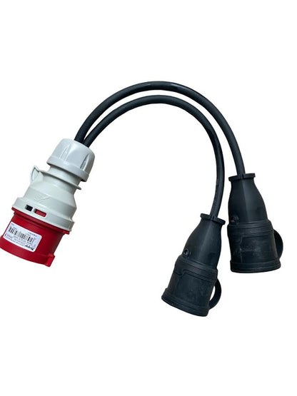 Adapterstecker von CEE 16A 5-polig auf 2x Gummi-Gegenstecker 230V 2-polig mit Erde MDRLED®