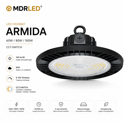 LED Highbay Armida | 60W / 80W / 100W | CCT-Switch | 160 lm/W | IP65 | 0-10V Dimbaar | MDRLED®