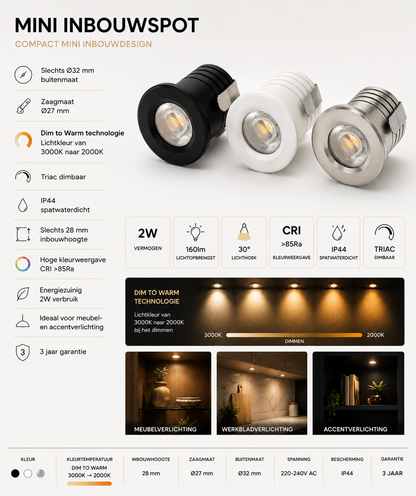 LED Mini Inbouwspot  Zwart / Wit / Zilver  2W  Dim to Warm  Triac Dimbaar  IP44