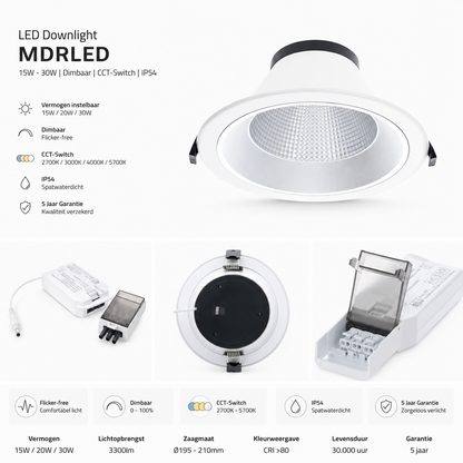 LED DOWNLIGHT MDRLED | 30W/25W/20W/15W | Ø195-210MM | CCT-SWITCH Actie