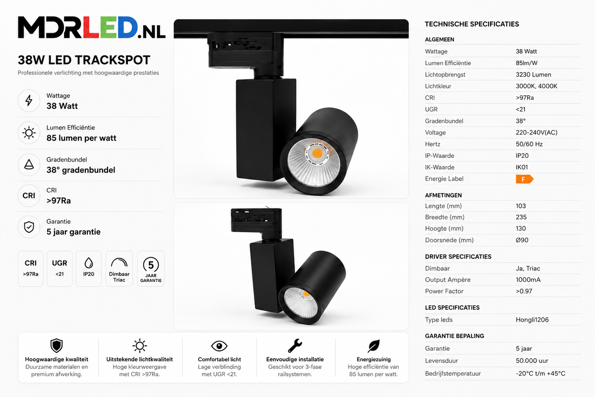 3-Fase Railspot 38W Zwart | CRI95+ | Triac Dimbaar | 3800lmMDRLED®
