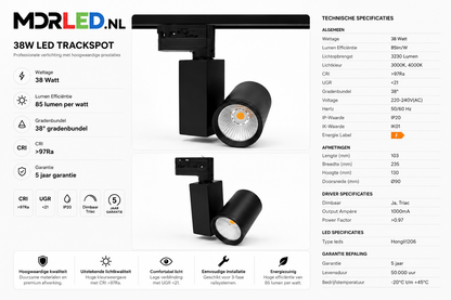3-Fase Railspot 38W Zwart | CRI95+ | Triac Dimbaar | 3800lmMDRLED®