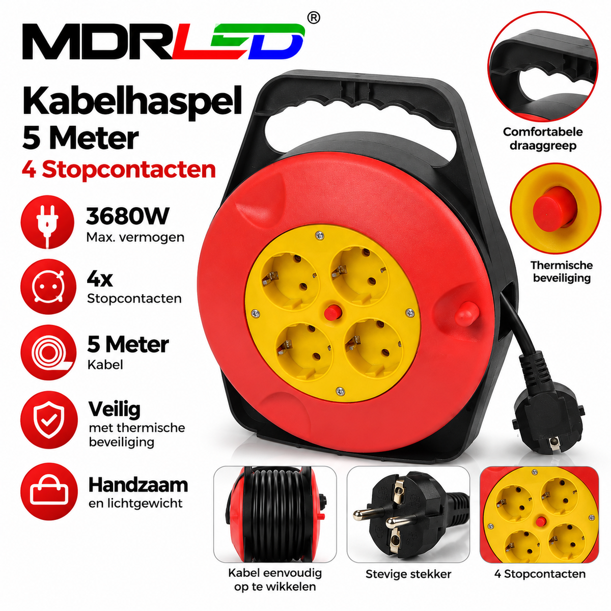 Kabelhaspel 5 Meter – 4 Stopcontacten – 3680W