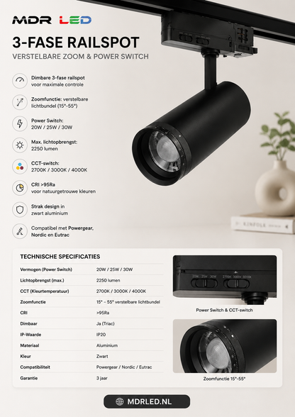 MDRLED® Zoomable 3-Fase Railspot 20W / 25W / 30W  Zwart  CCT Switch  15°–55°