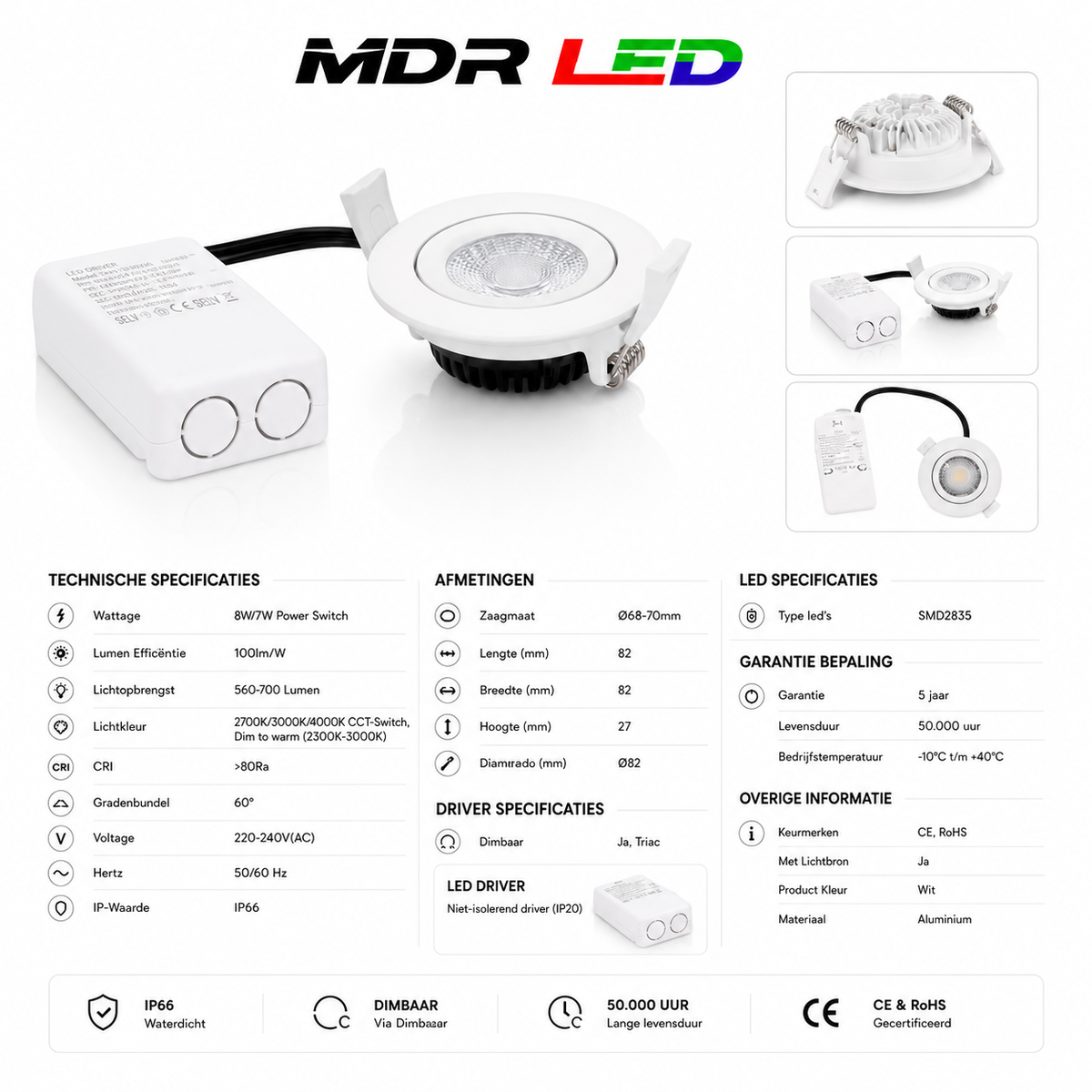 MDRLED® LED Inbouwspot Wit 5W/7W | CCT + Dim to Warm | IP65