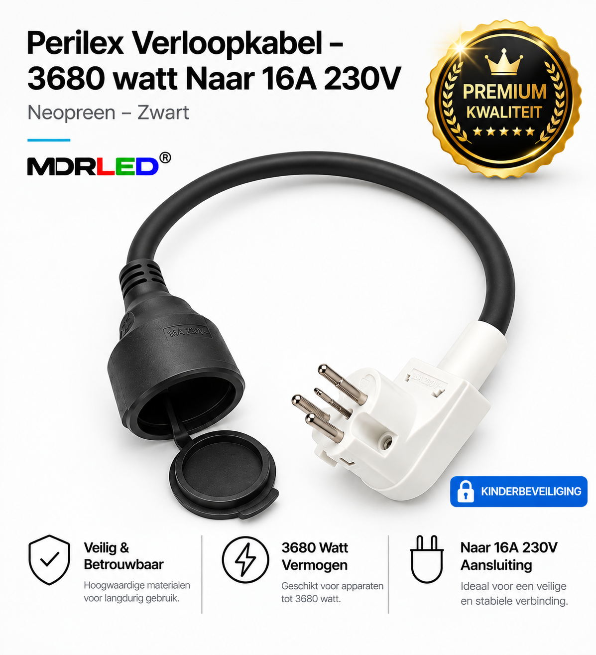 Perilex verloopstekker | Zwart | Lengte 0.5 t/m 10 meter | 16A | 230V contra