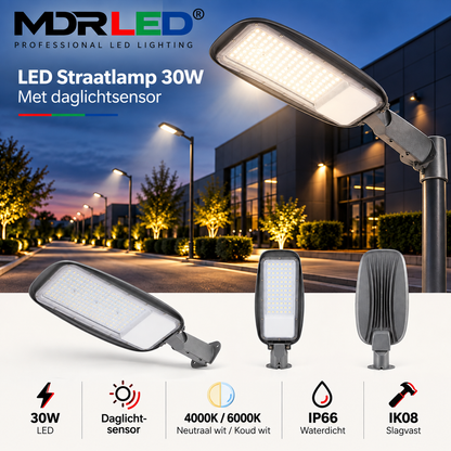 MDRLED® LED Straatlamp 30W | Daglichtsensor | IP66 4000K/6000K