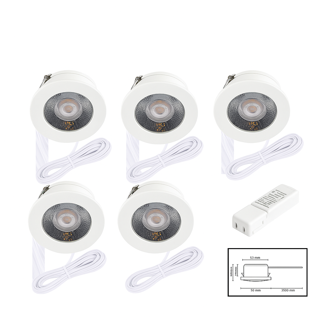 LED Meubelspot 3W – Set van 5 – 12V – IP44 – Ø55 mm – Zwart/Wit/Zilver – MDRLED®