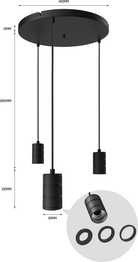 Calex Retro Lampa sufitowa - 3x E27 - Industrialna lampa wisząca - Ø40cm Okrągła lampa wisząca - Czarna MDRLED