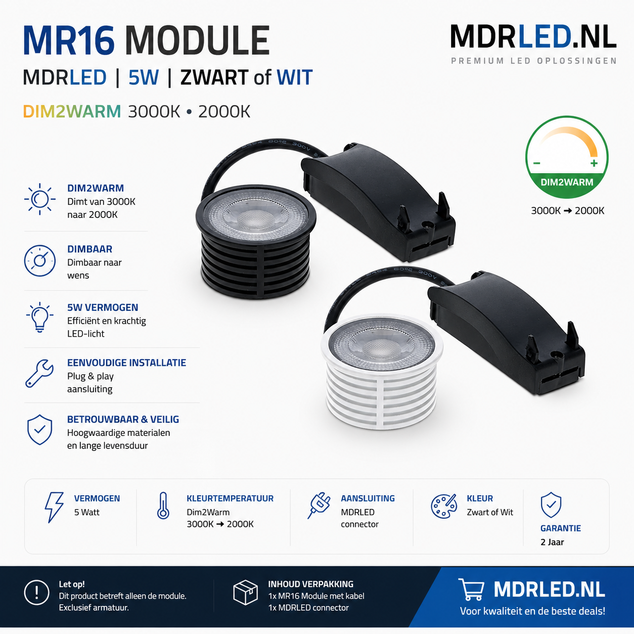 MR16 MODULE | MDRLED | 5W | ZWART | DIM2WARM