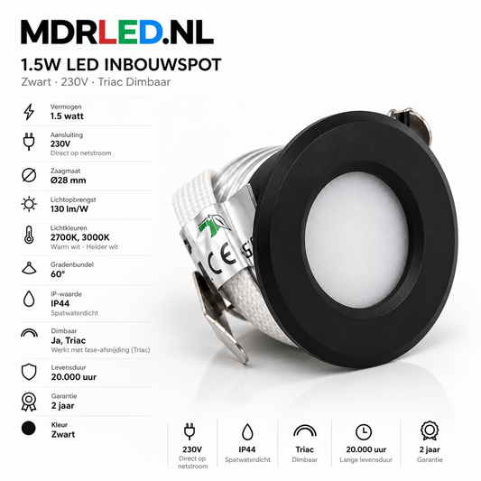 LED Mini Inbouwspot 1.5W Dimbaar Zwart | Ø28mm | IP44 | 230V| MDRLED®