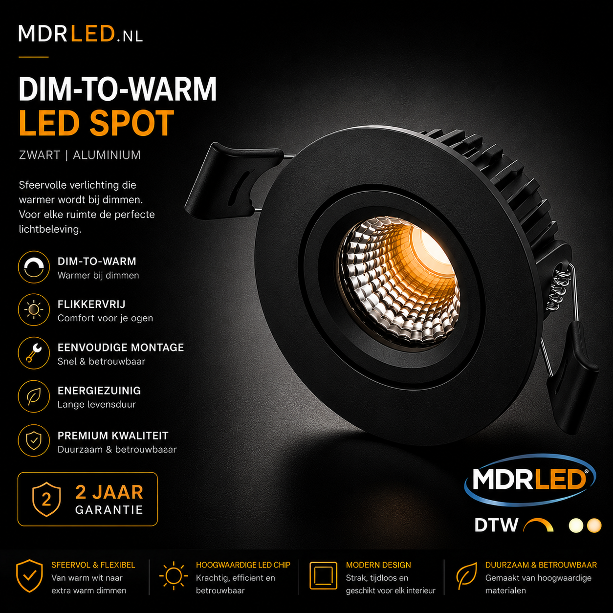 Inbouwspot 5W Zwart Dim to Warm IP54 MDRLED