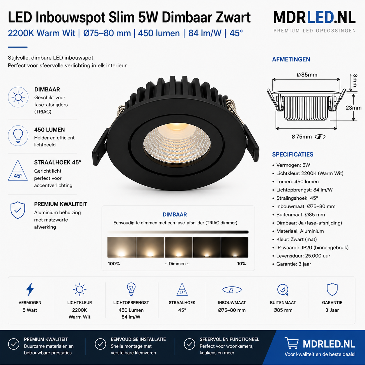 LED Inbouwspot 5W Zwart | 2200K Extra Warm Wit | Dimbaar | Incl. Driver | 10 of 50 Stuks