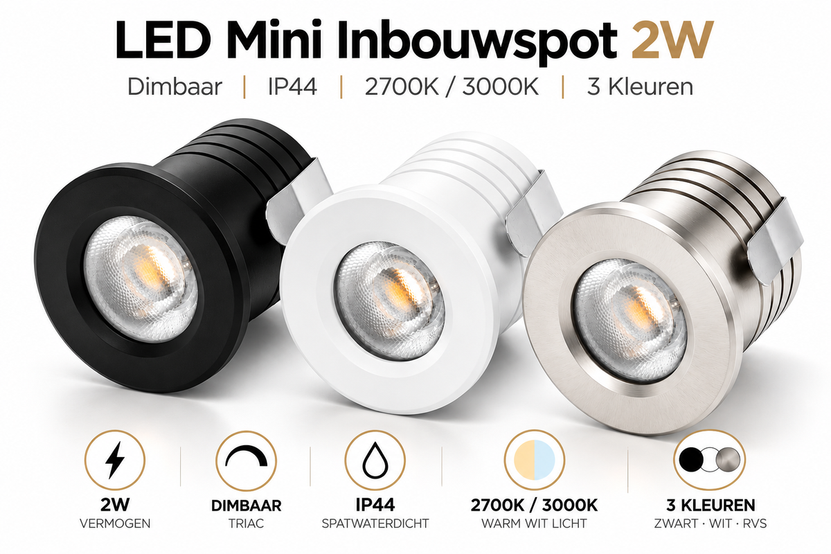LED Mini Inbouwspot 2W Dimbaar – IP44 – 2700K/3000K – 3 Kleuren