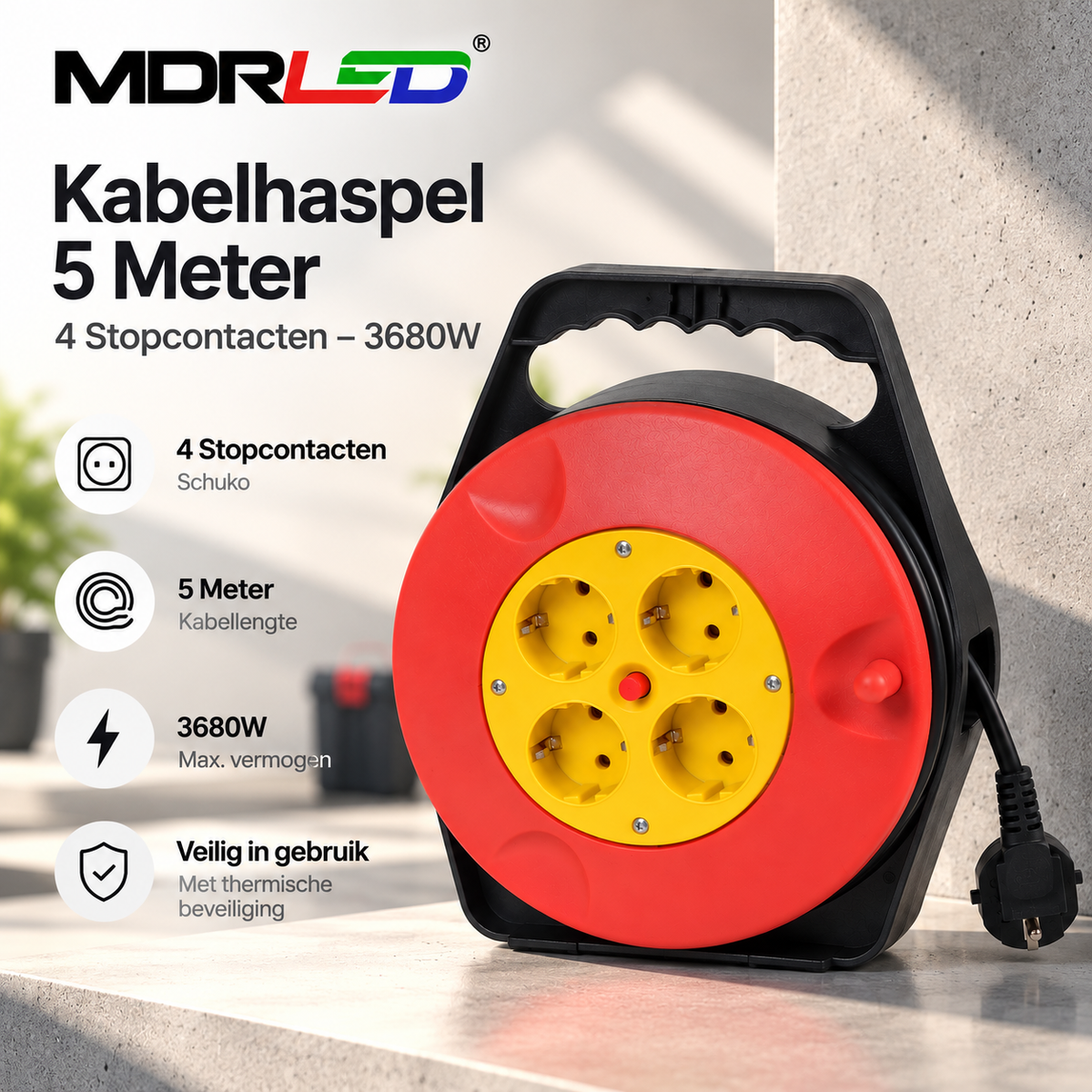 Kabelhaspel 5 Meter – 4 Stopcontacten – 3680W