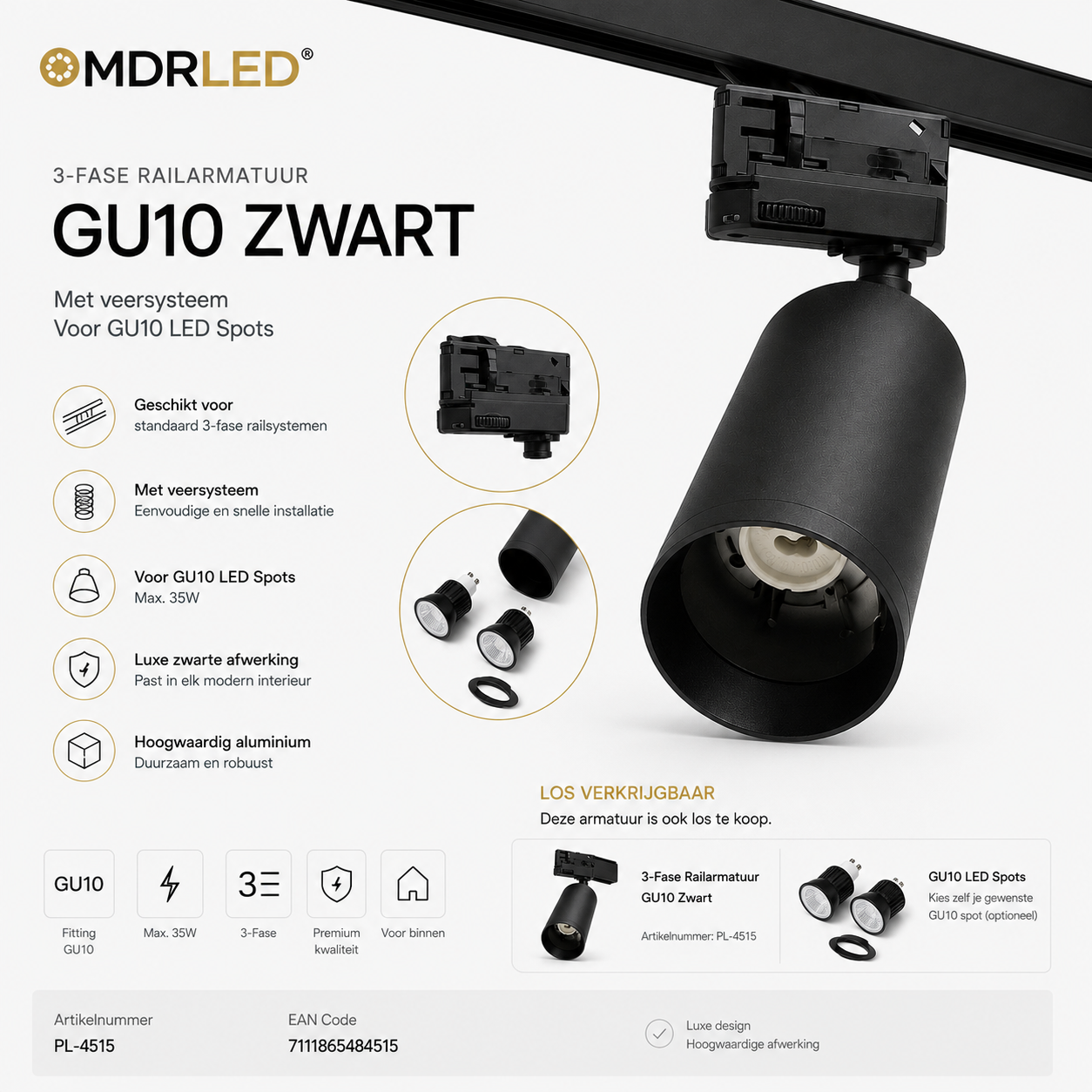 3-Fase Railarmatuur GU10 Zwart | Met Veersysteem |