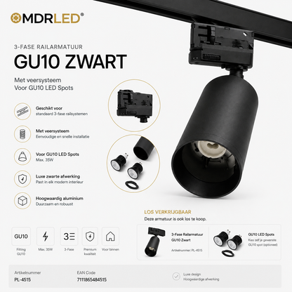 3-Fase Railarmatuur GU10 Zwart | Met Veersysteem |